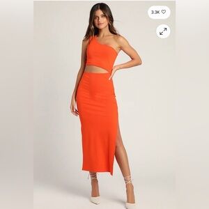 NWT Lulus Spice Things Up Orange Ribbed One-Shoulder Cutout Midi Dress size L
